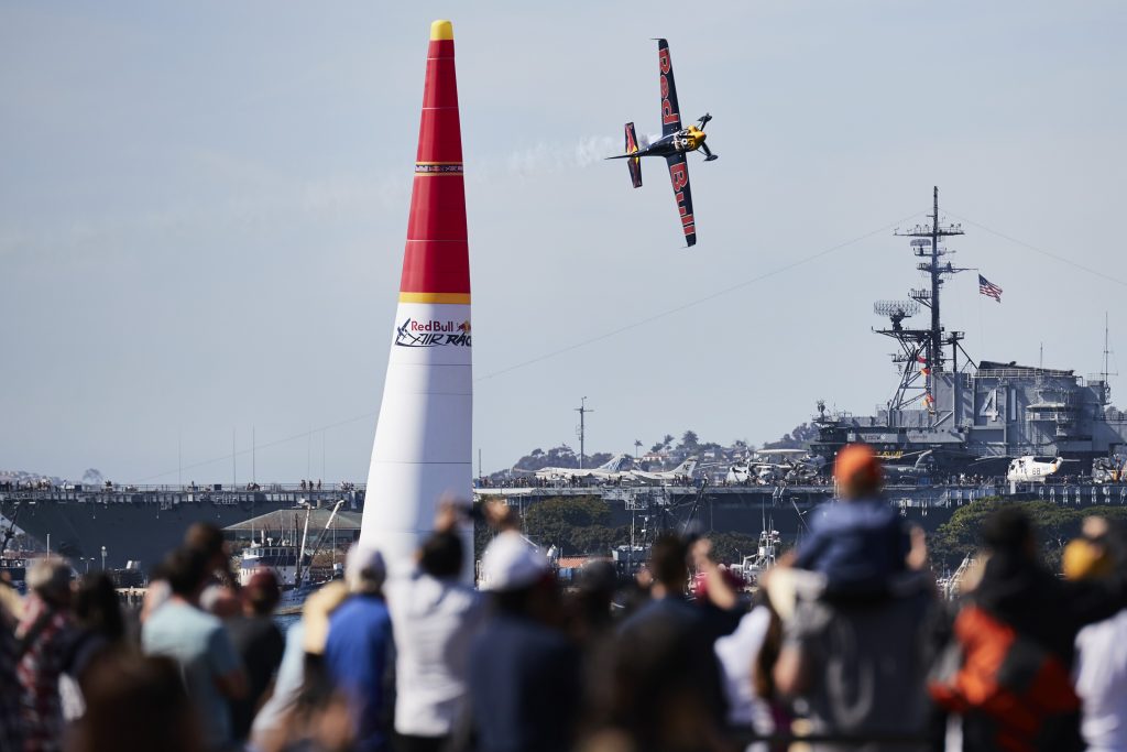 Kirby Chambliss of the United States performs during the finals at the second stage of the Red Bull Air Race World Championship in San Diego, United States on April 16, 2017.