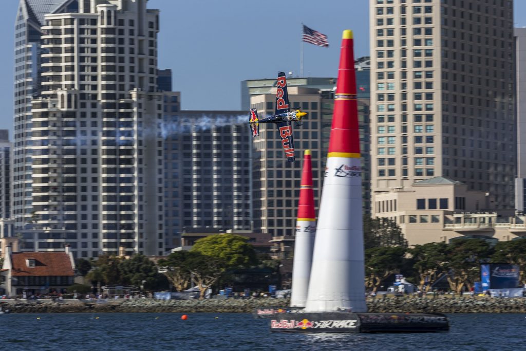 Kirby Chambliss of the United States performs during the training at the second stage of the Red Bull Air Race World Championship in San Diego, United States on April 14, 2017.